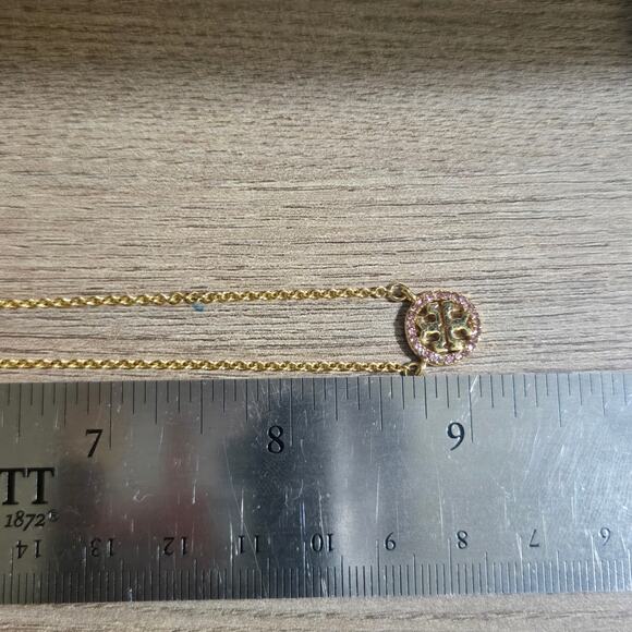 NEW Tory Burch Miller Pave Logo Delicate Necklace Gold Pink Crystal 18K Gold - Picture 6 of 7